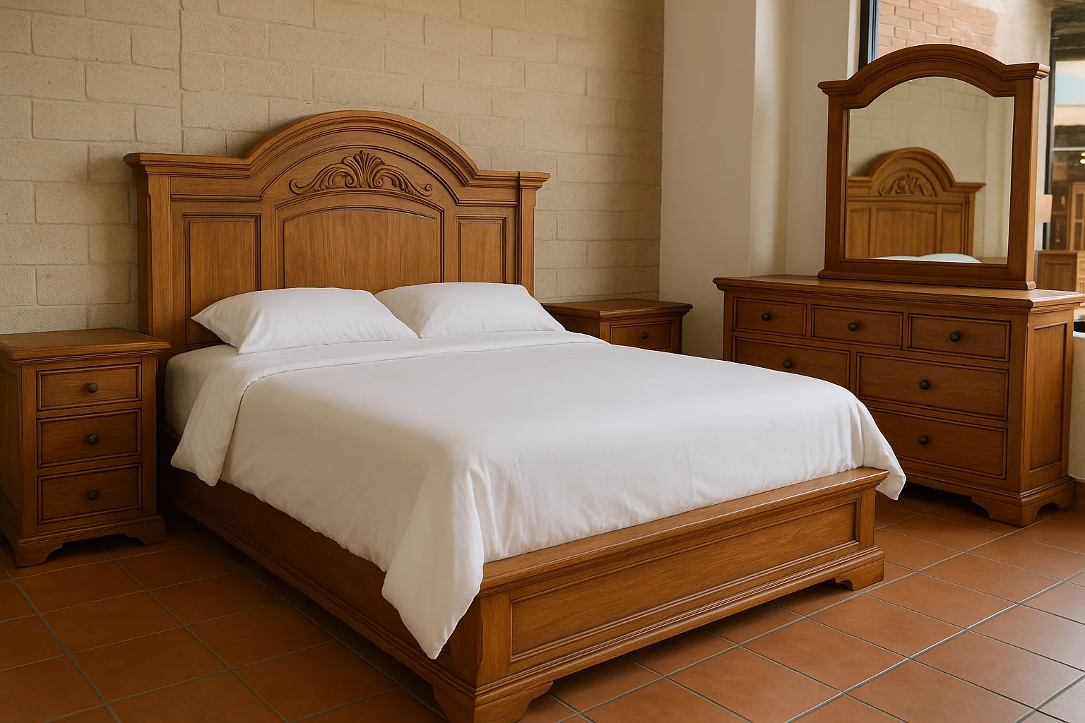 Recámara de madera con cabecera y burós, como las que se venden en Ocotlán