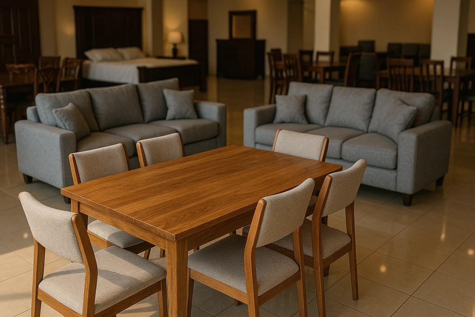 Sala y comedor de madera en exhibición en una mueblería de Ocotlán